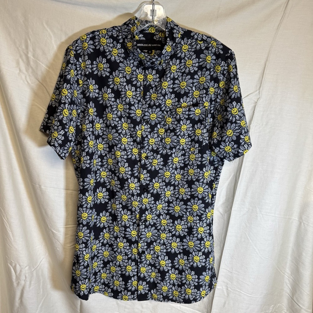 Molokai Surf Co. Shirt Mens Med Black Smiley Flower Button Up Casual Funny Art